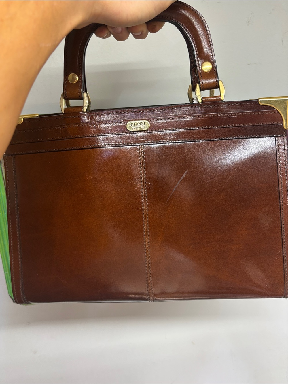 Gianni Firenze Brown Leather Structured Top-Handle Satchel with Gold Accents - Picture 1 of 4